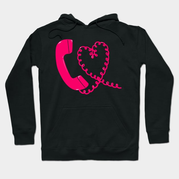 Hot pink retro phone 90s heart cord design Hoodie by Juliet & Gin